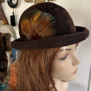 Vintage Brown Hat with Feather